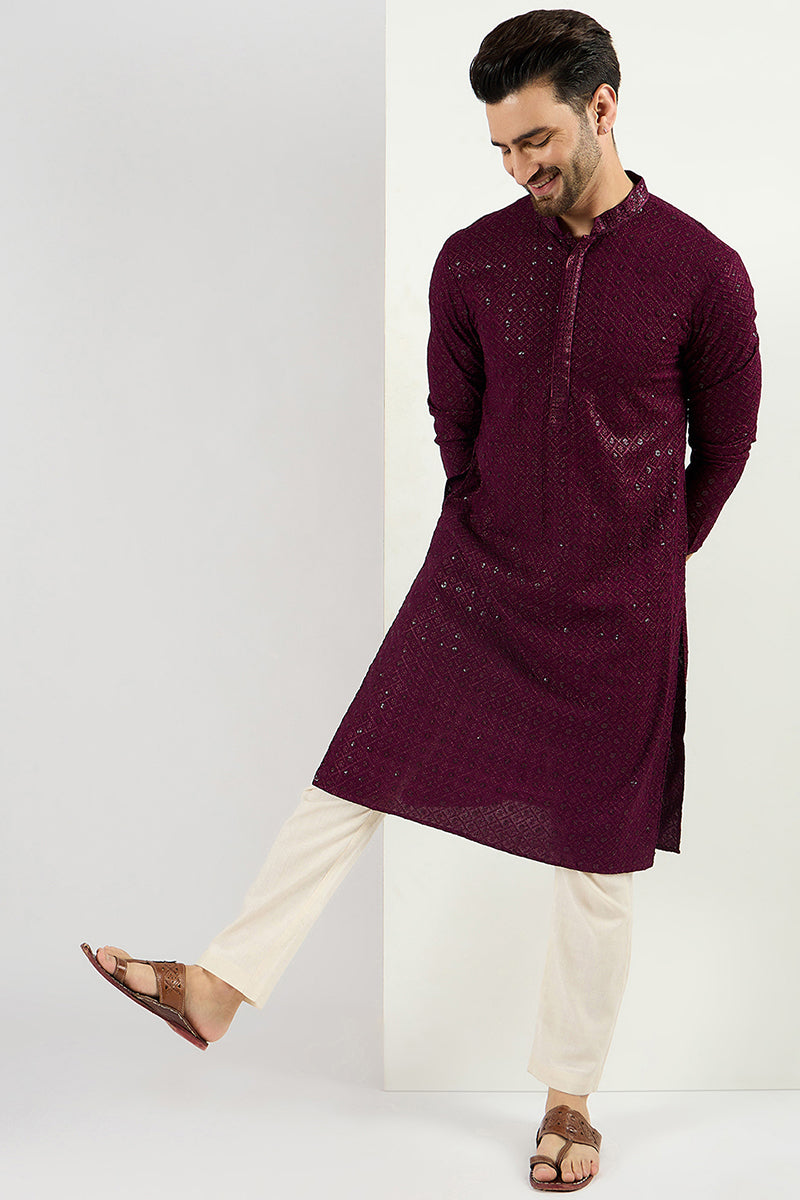 Ethnic Bay Burgundy Viscose Rayon Solid Embroidered Long Straight Kurta For Men MKU1059