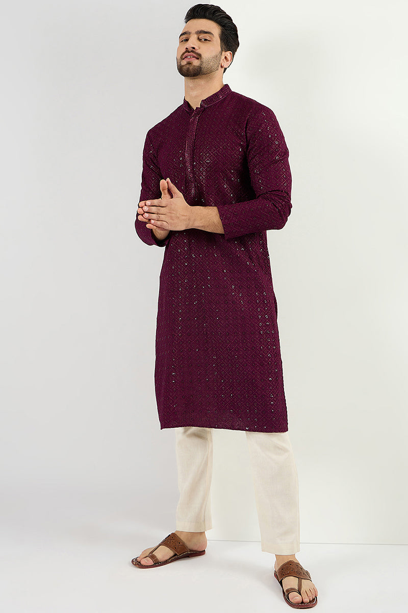 Ethnic Bay Burgundy Viscose Rayon Solid Embroidered Long Straight Kurta For Men MKU1059