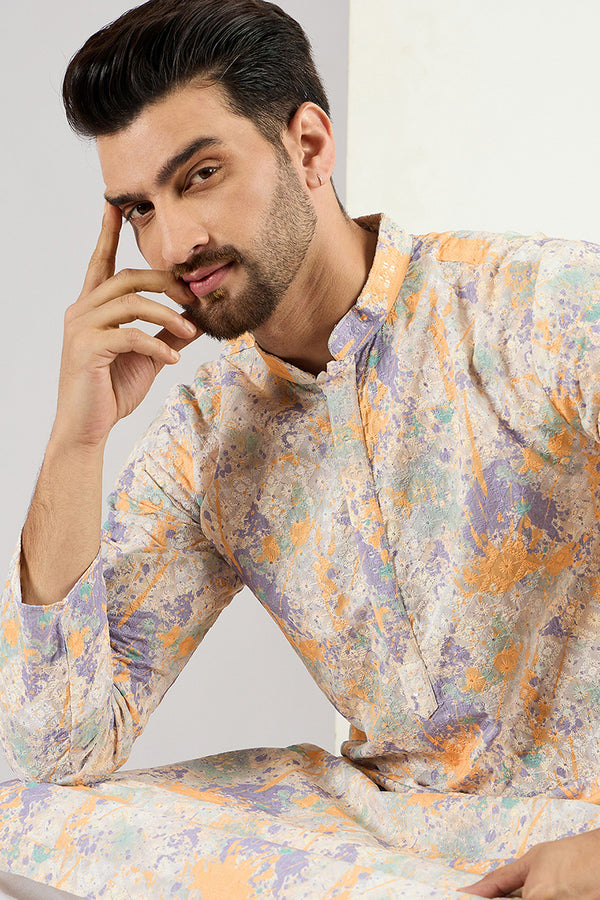 Ethnic Bay Men Off White Viscose Rayon Abstract Embroidered Chikankari Straight Kurta MKU1063