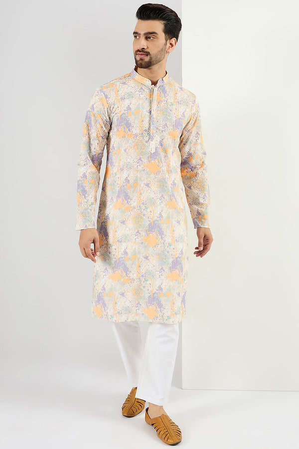 Ethnic Bay Men Off White Viscose Rayon Abstract Embroidered Chikankari Straight Kurta MKU1063