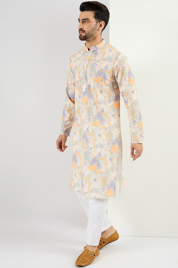 Ethnic Bay Men Off White Viscose Rayon Abstract Embroidered Chikankari Straight Kurta MKU1063