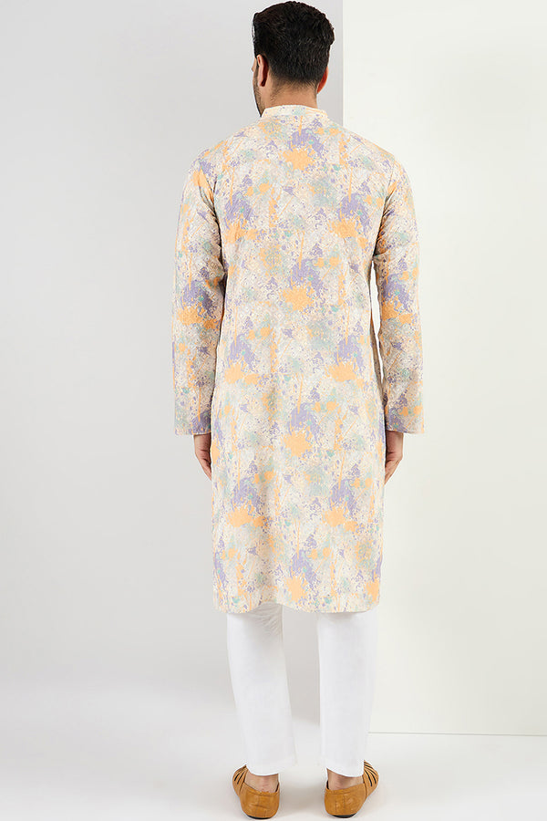 Ethnic Bay Men Off White Viscose Rayon Abstract Embroidered Chikankari Straight Kurta MKU1063