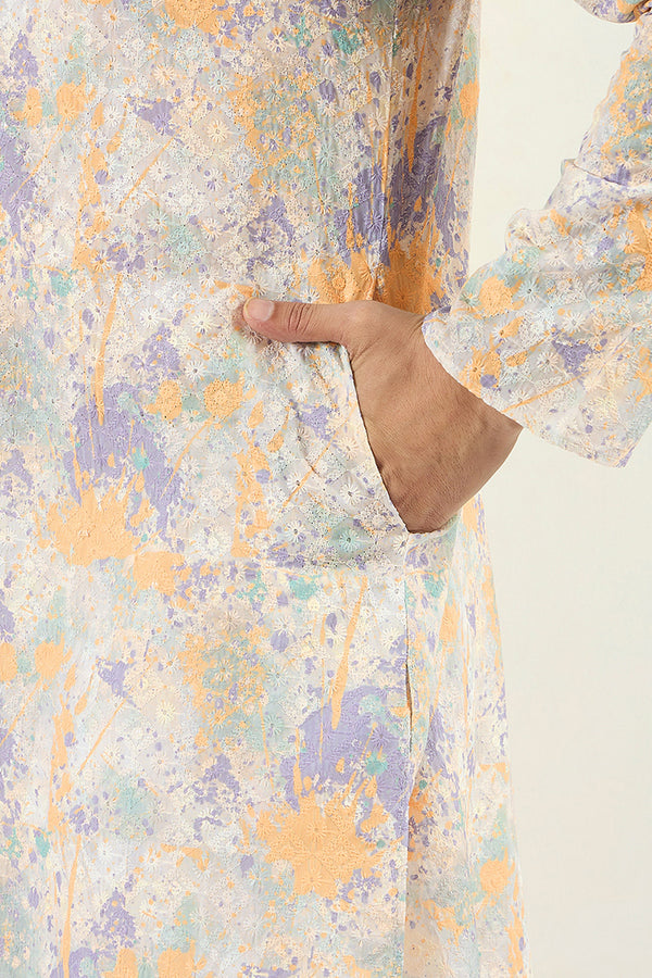 Ethnic Bay Men Off White Viscose Rayon Abstract Embroidered Chikankari Straight Kurta MKU1063