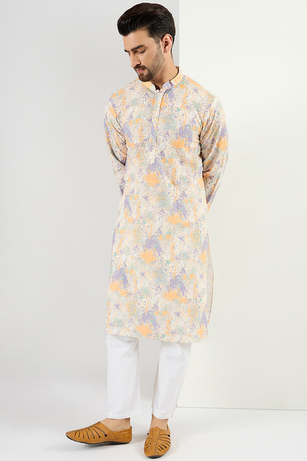 Ethnic Bay Men Off White Viscose Rayon Abstract Embroidered Chikankari Straight Kurta MKU1063