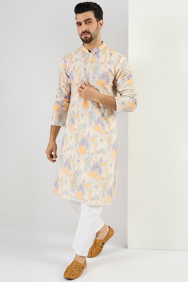 Ethnic Bay Men Off White Viscose Rayon Abstract Embroidered Chikankari Straight Kurta MKU1063