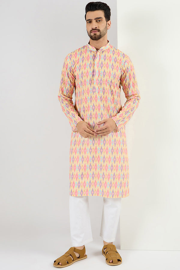 Ethnic Bay Men Yellow Viscose Rayon Abstract Embroidered Chikankari Straight Kurta MKU1066