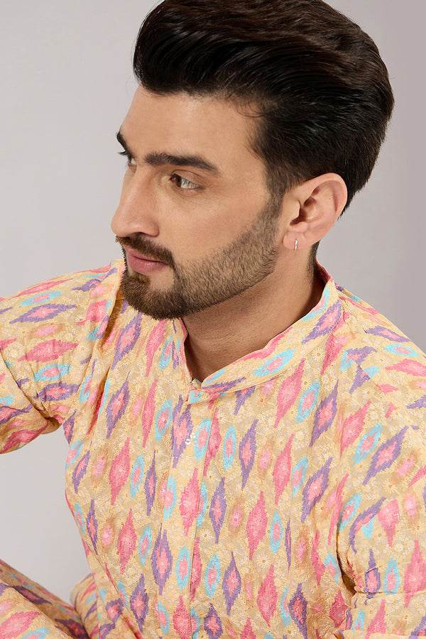 Ethnic Bay Men Yellow Viscose Rayon Abstract Embroidered Chikankari Straight Kurta MKU1066