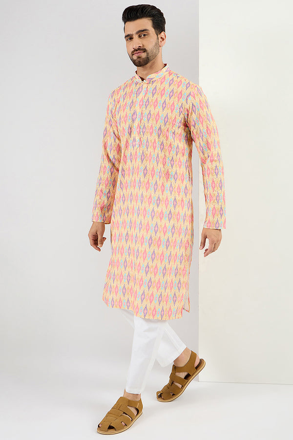 Ethnic Bay Men Yellow Viscose Rayon Abstract Embroidered Chikankari Straight Kurta MKU1066