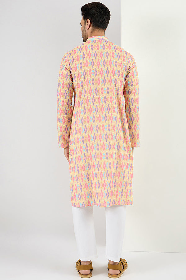 Ethnic Bay Men Yellow Viscose Rayon Abstract Embroidered Chikankari Straight Kurta MKU1066
