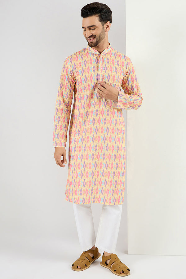 Ethnic Bay Men Yellow Viscose Rayon Abstract Embroidered Chikankari Straight Kurta MKU1066