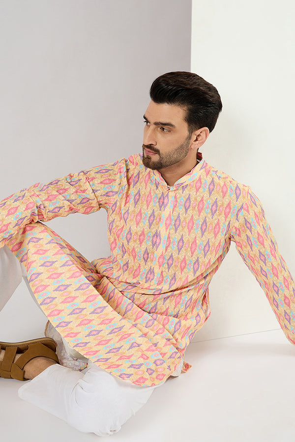 Ethnic Bay Men Yellow Viscose Rayon Abstract Embroidered Chikankari Straight Kurta MKU1066