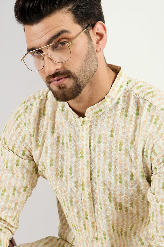 Ethnic Bay Men Cream Viscose Rayon Striped Embroidered Chikankari Straight Kurta MKU1072