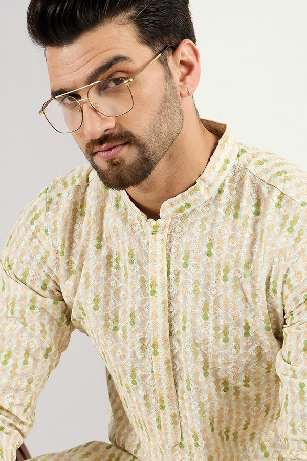 Ethnic Bay Men Cream Viscose Rayon Striped Embroidered Chikankari Straight Kurta MKU1072
