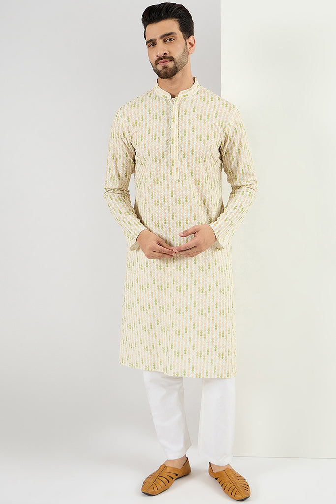 Ethnic Bay Men Cream Viscose Rayon Striped Embroidered Chikankari Straight Kurta MKU1072