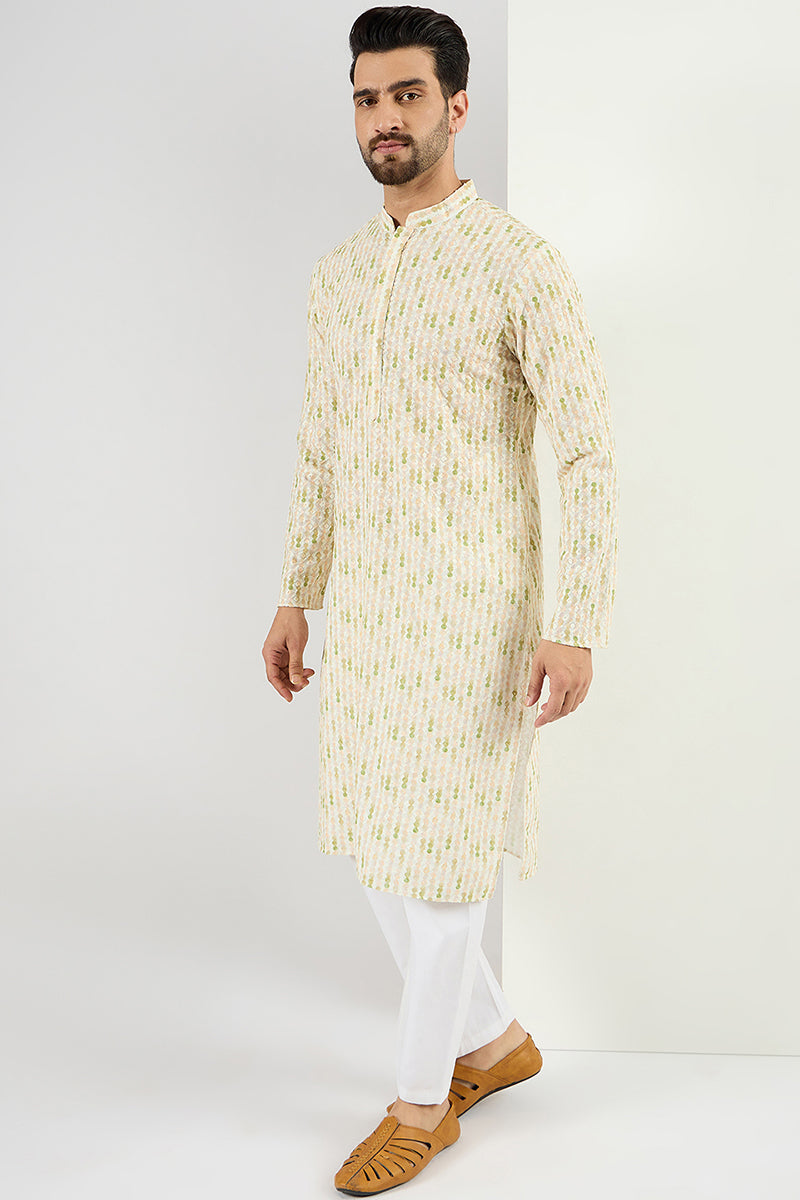 Ethnic Bay Men Cream Viscose Rayon Striped Embroidered Chikankari Straight Kurta MKU1072