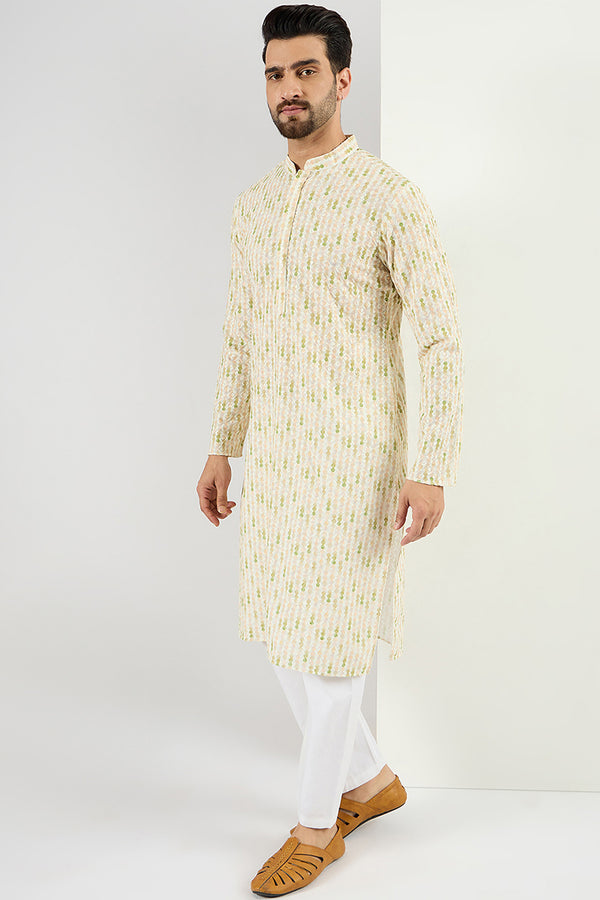 Ethnic Bay Men Cream Viscose Rayon Striped Embroidered Chikankari Straight Kurta MKU1072
