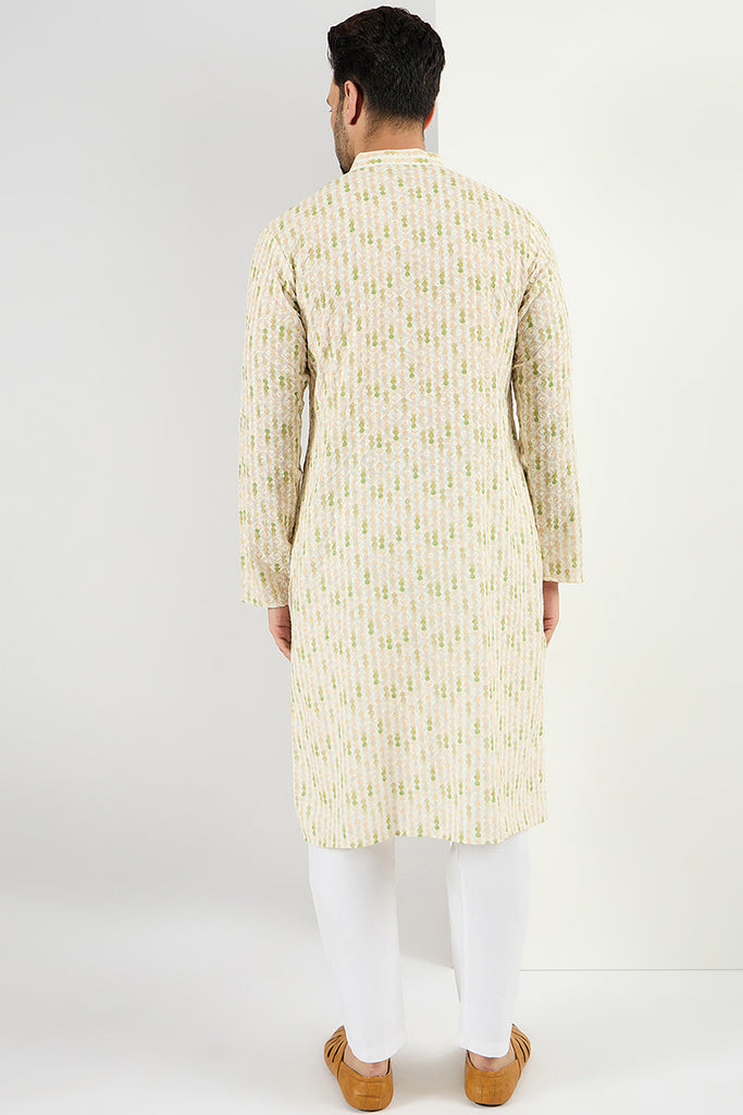 Ethnic Bay Men Cream Viscose Rayon Striped Embroidered Chikankari Straight Kurta MKU1072