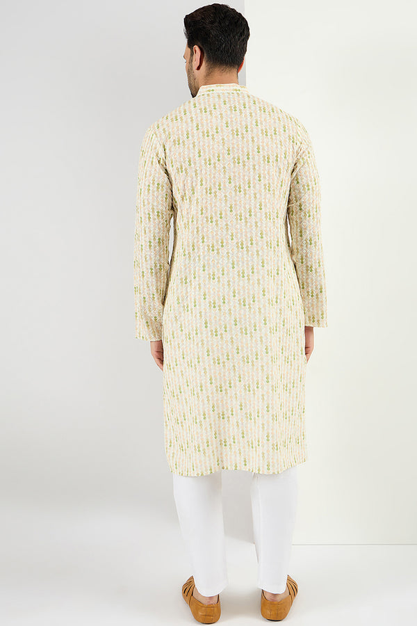 Ethnic Bay Men Cream Viscose Rayon Striped Embroidered Chikankari Straight Kurta MKU1072
