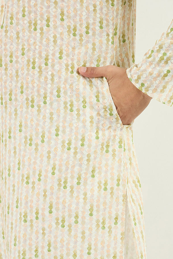 Ethnic Bay Men Cream Viscose Rayon Striped Embroidered Chikankari Straight Kurta MKU1072