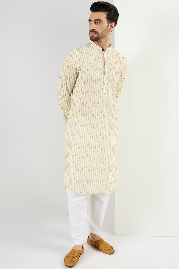 Ethnic Bay Men Cream Viscose Rayon Striped Embroidered Chikankari Straight Kurta MKU1072