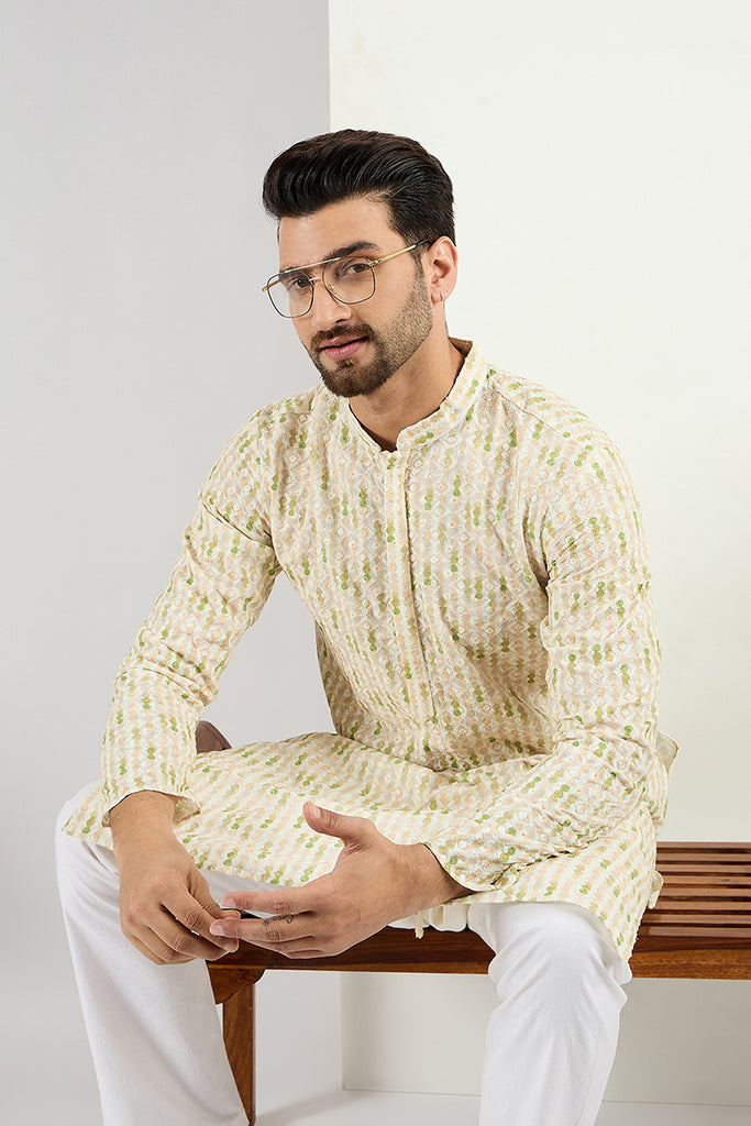 Ethnic Bay Men Cream Viscose Rayon Striped Embroidered Chikankari Straight Kurta MKU1072