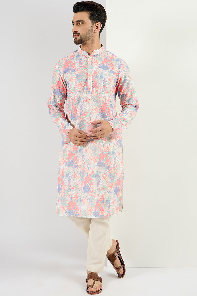 Off White Viscose Rayon Abstract Embroidered Straight Kurta With Pant Set MKSET1082