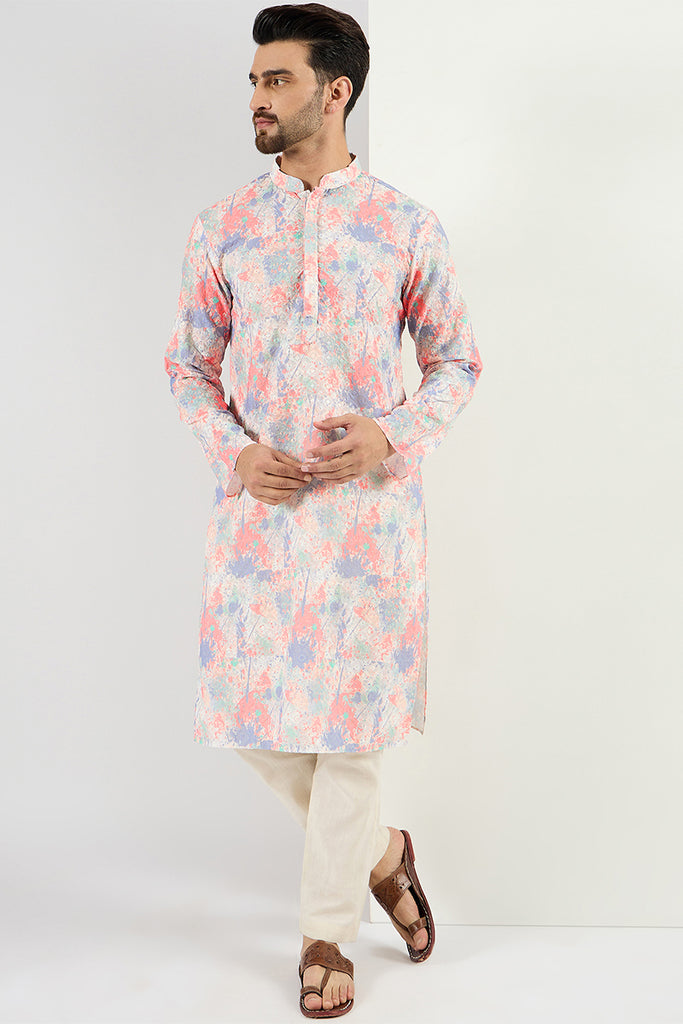 Off White Viscose Rayon Abstract Embroidered Straight Kurta With Pant Set MKSET1082