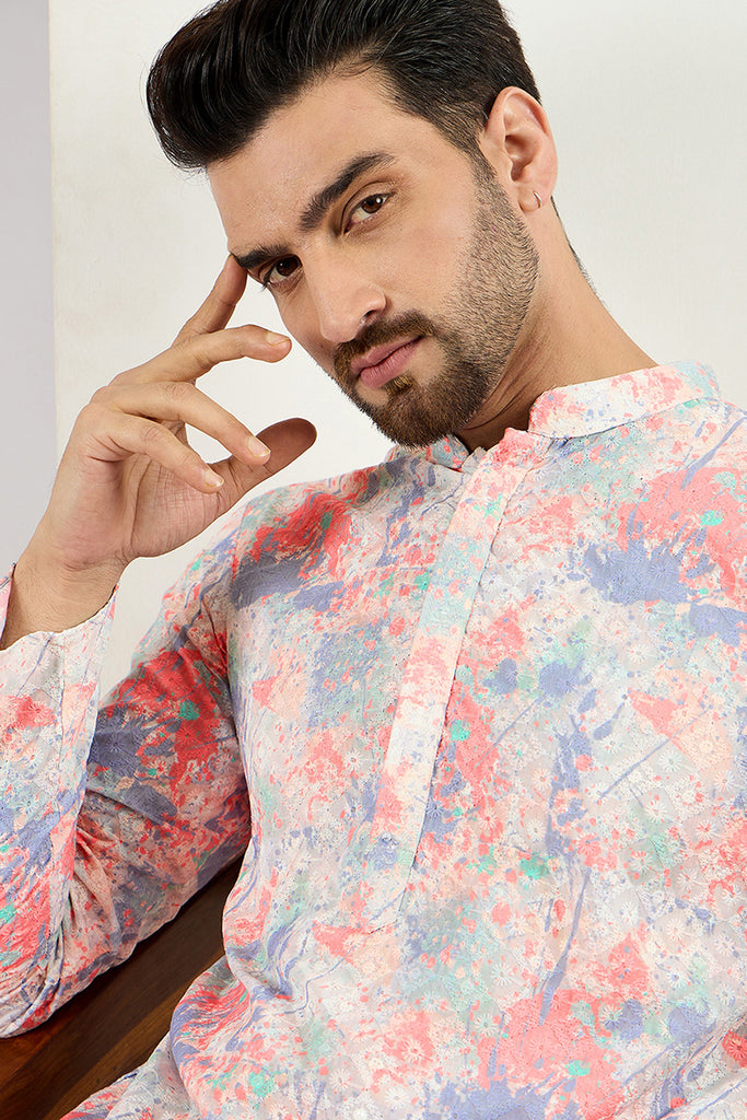 Ethnic Bay Men Off White Viscose Rayon Abstract Embroidered Chikankari Straight Kurta MKU1082