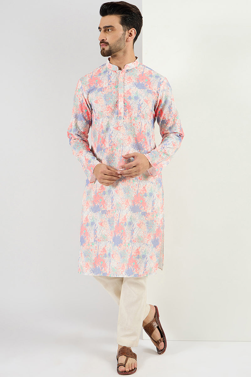 Ethnic Bay Men Off White Viscose Rayon Abstract Embroidered Chikankari Straight Kurta MKU1082