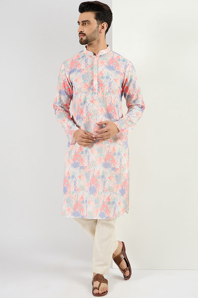 Ethnic Bay Men Off White Viscose Rayon Abstract Embroidered Chikankari Straight Kurta MKU1082