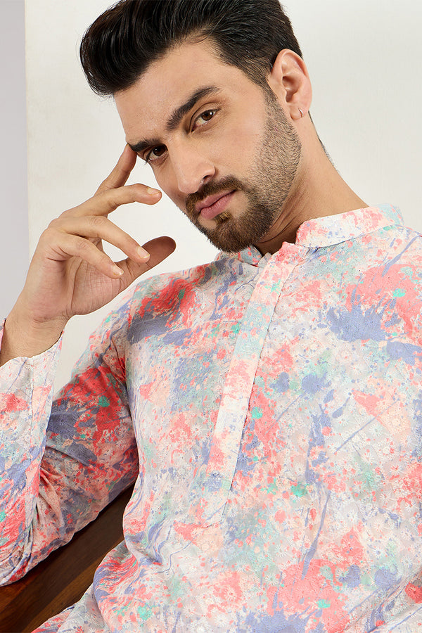 Off White Viscose Rayon Abstract Embroidered Straight Kurta With Pant Set MKSET1082