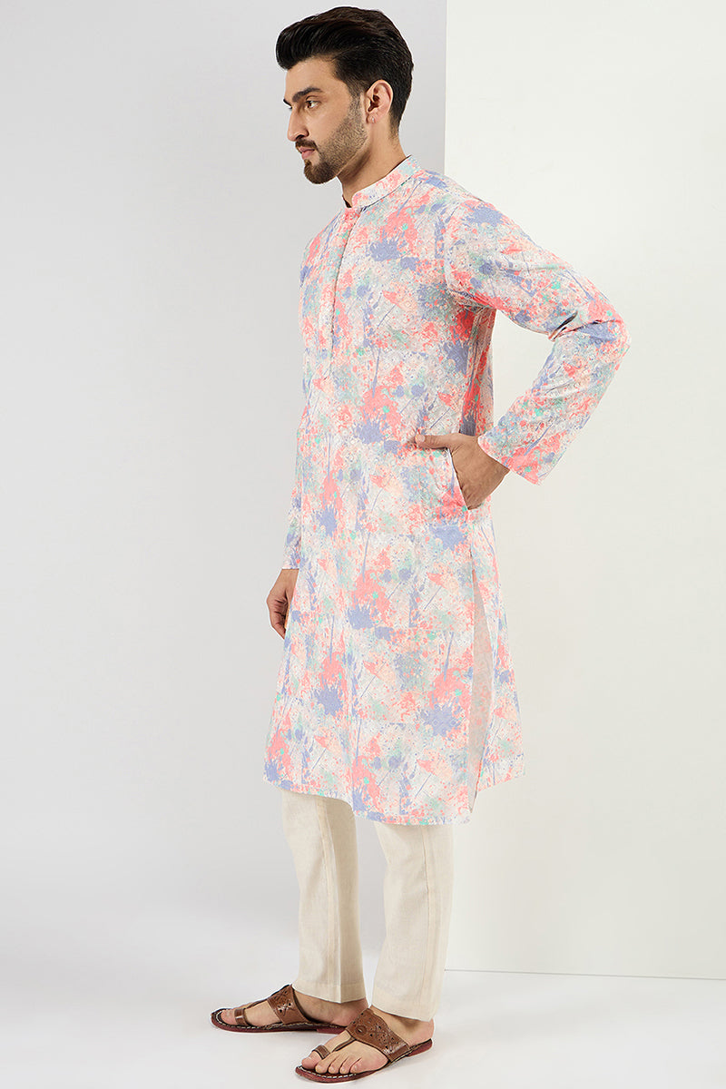 Ethnic Bay Men Off White Viscose Rayon Abstract Embroidered Chikankari Straight Kurta MKU1082