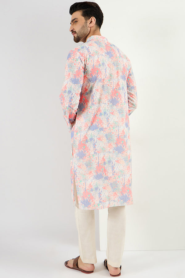 Ethnic Bay Men Off White Viscose Rayon Abstract Embroidered Chikankari Straight Kurta MKU1082