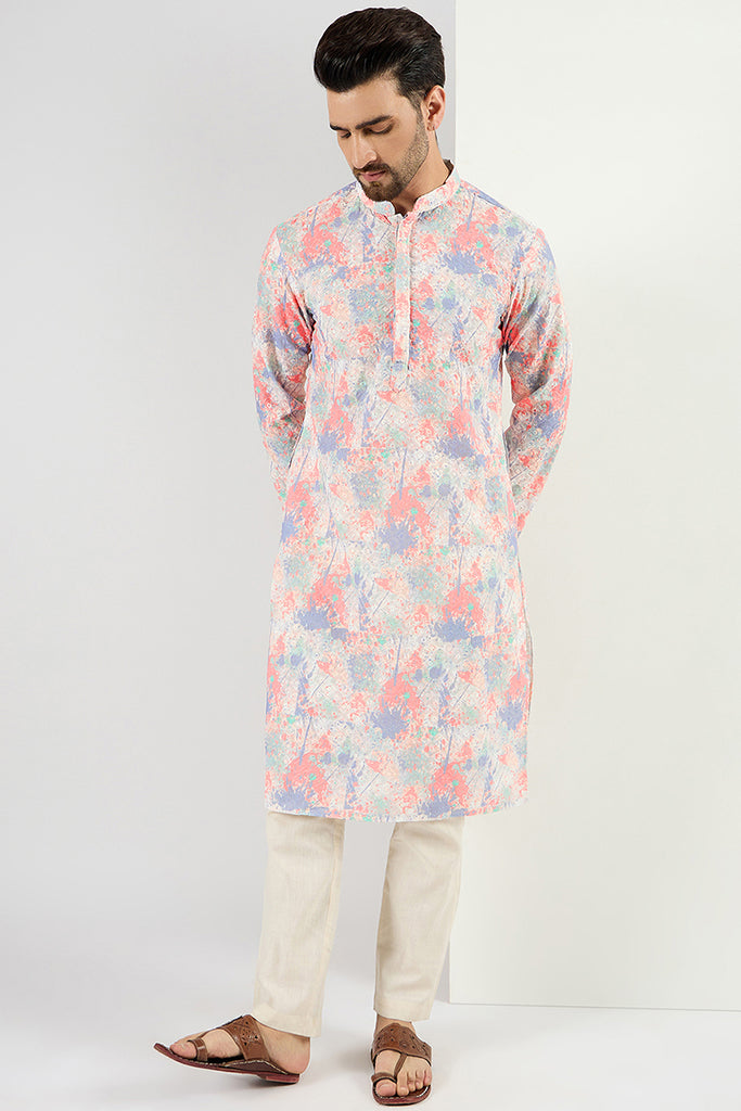 Ethnic Bay Men Off White Viscose Rayon Abstract Embroidered Chikankari Straight Kurta MKU1082
