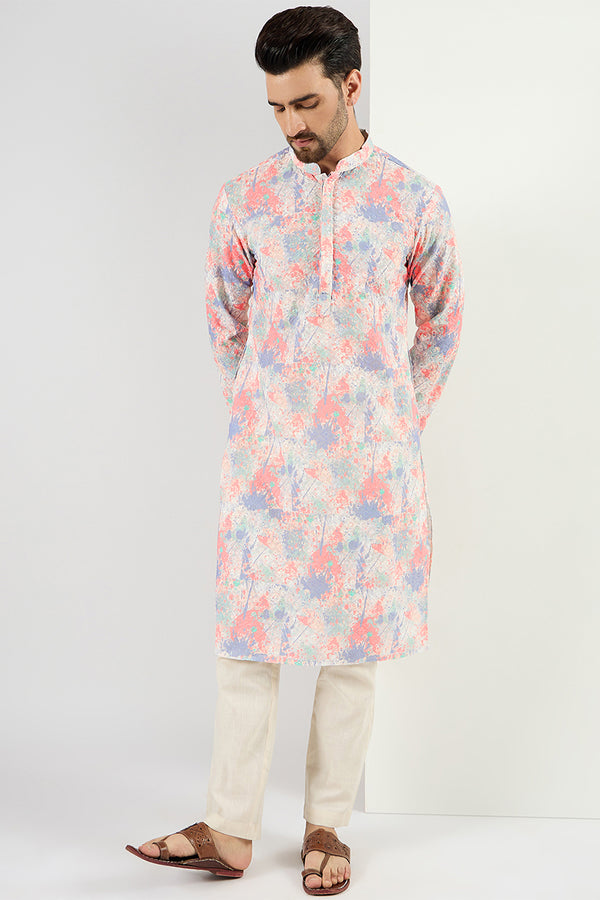 Off White Viscose Rayon Abstract Embroidered Straight Kurta With Pant Set MKSET1082