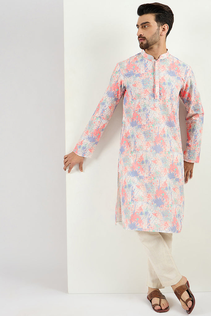 Ethnic Bay Men Off White Viscose Rayon Abstract Embroidered Chikankari Straight Kurta MKU1082