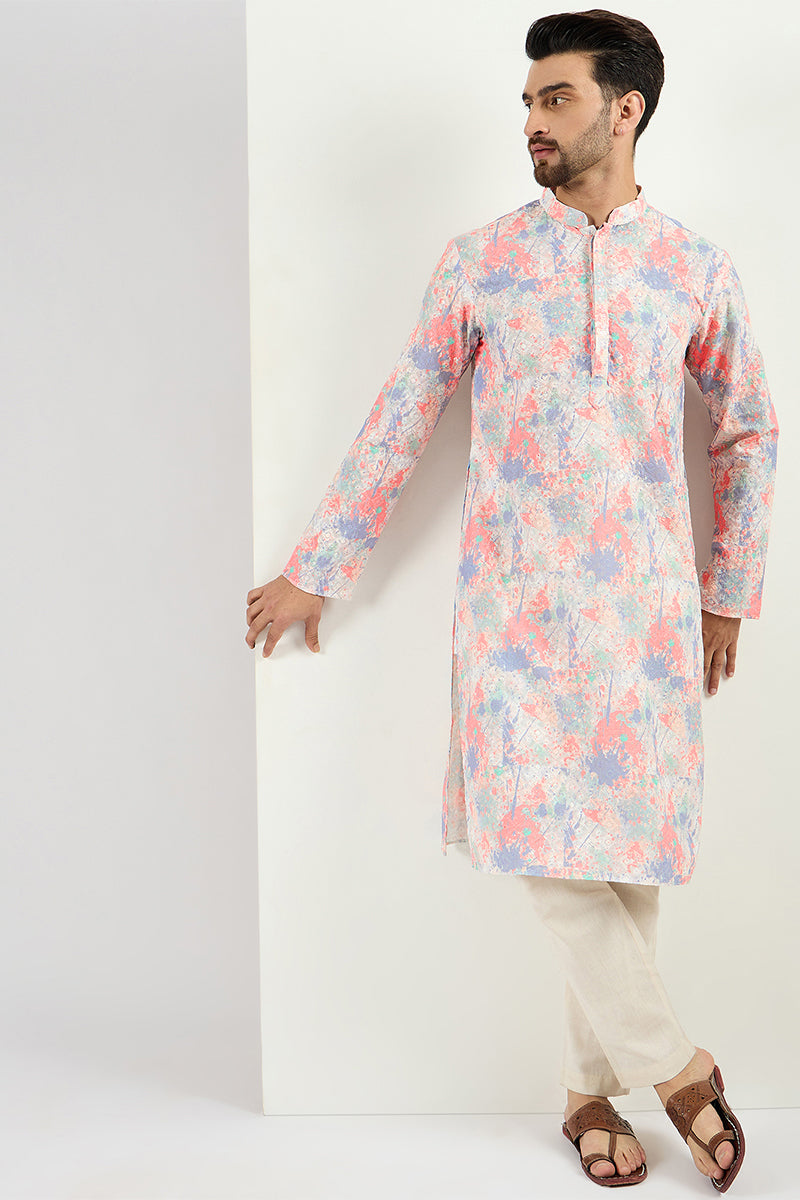 Off White Viscose Rayon Abstract Embroidered Straight Kurta With Pant Set MKSET1082