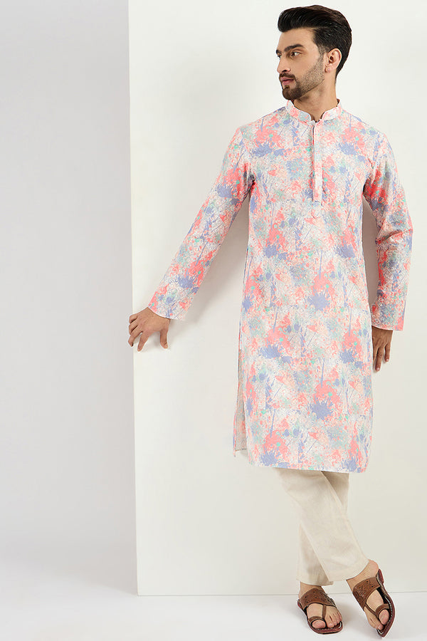 Ethnic Bay Men Off White Viscose Rayon Abstract Embroidered Chikankari Straight Kurta MKU1082