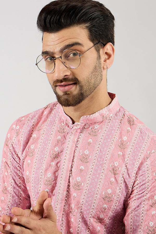 Ethnic Bay Men Peach Viscose Rayon Floral Embroidered Chikankari Straight Kurta MKU1084