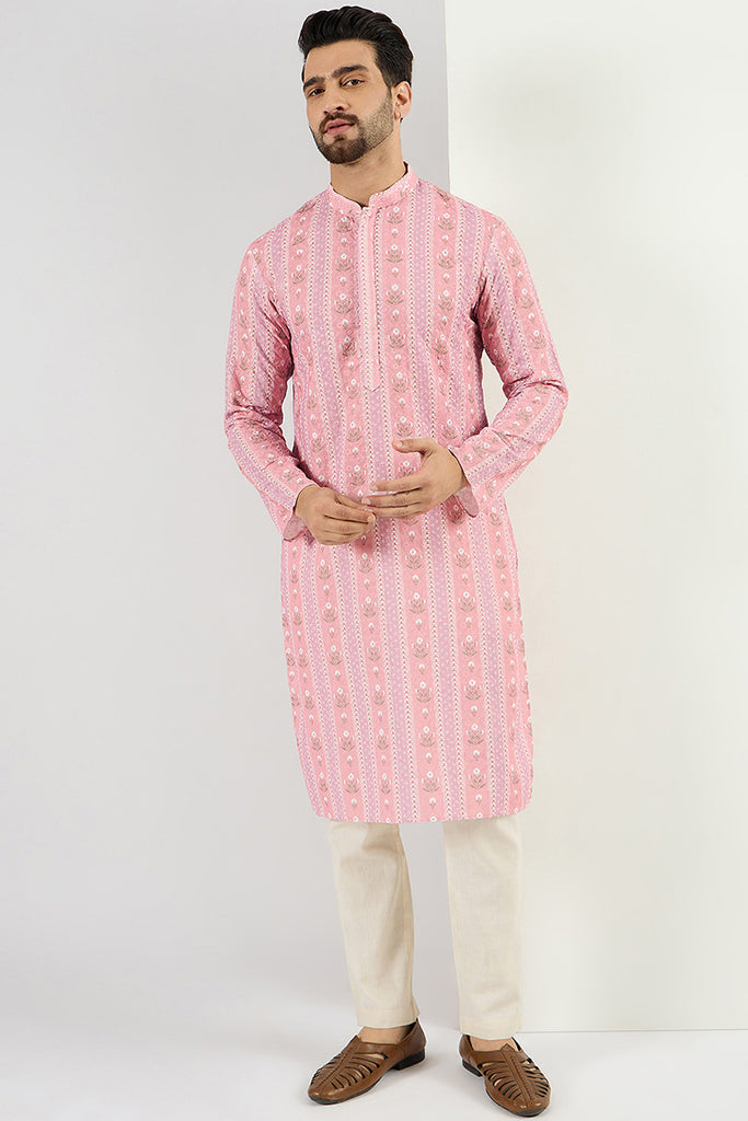 Ethnic Bay Men Peach Viscose Rayon Floral Embroidered Chikankari Straight Kurta MKU1084