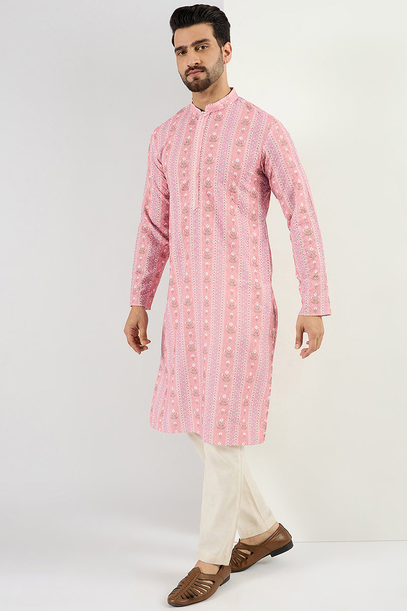 Ethnic Bay Men Peach Viscose Rayon Floral Embroidered Chikankari Straight Kurta MKU1084