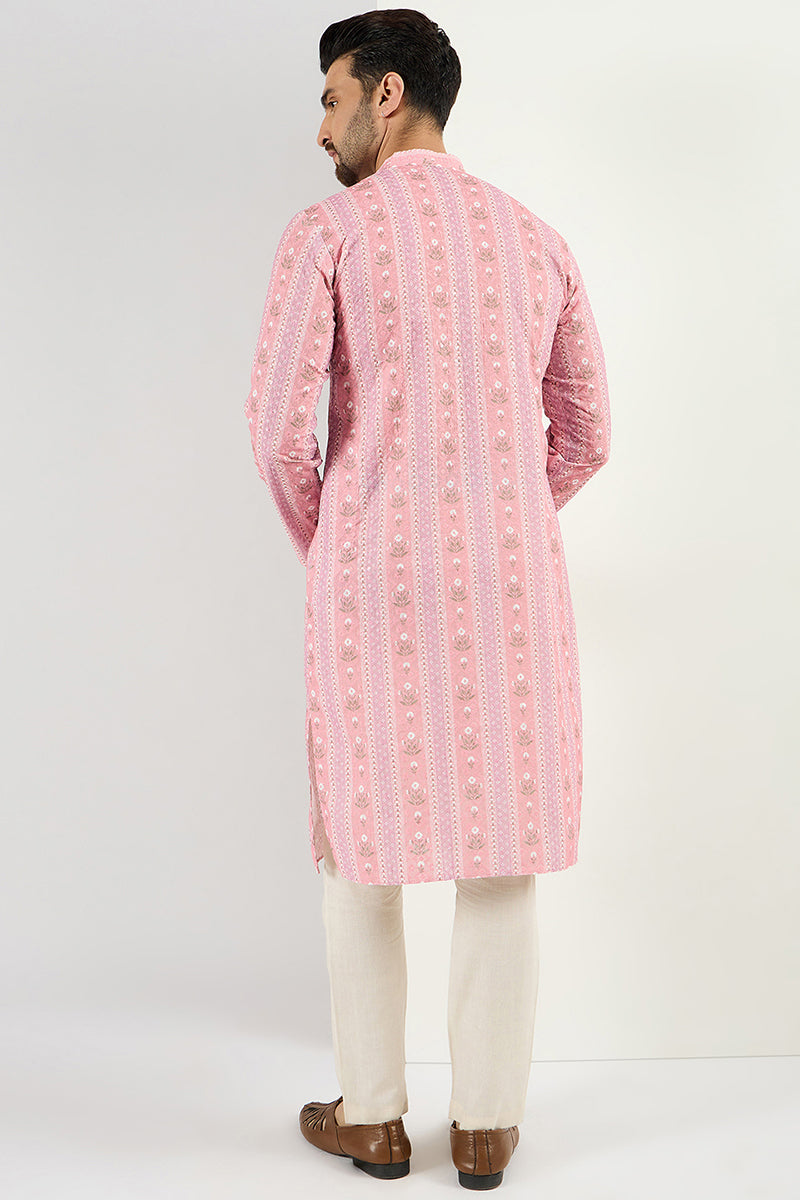 Ethnic Bay Men Peach Viscose Rayon Floral Embroidered Chikankari Straight Kurta MKU1084