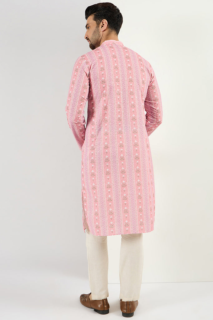Ethnic Bay Men Peach Viscose Rayon Floral Embroidered Chikankari Straight Kurta MKU1084