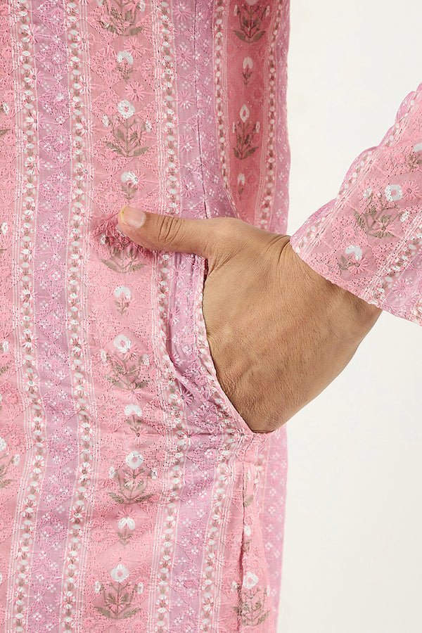 Ethnic Bay Men Peach Viscose Rayon Floral Embroidered Chikankari Straight Kurta MKU1084