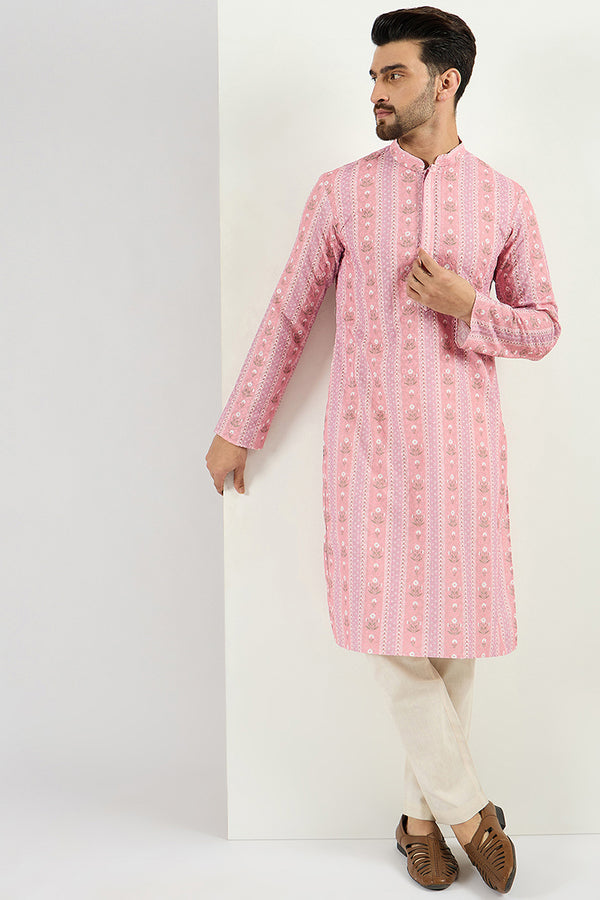 Ethnic Bay Men Peach Viscose Rayon Floral Embroidered Chikankari Straight Kurta MKU1084