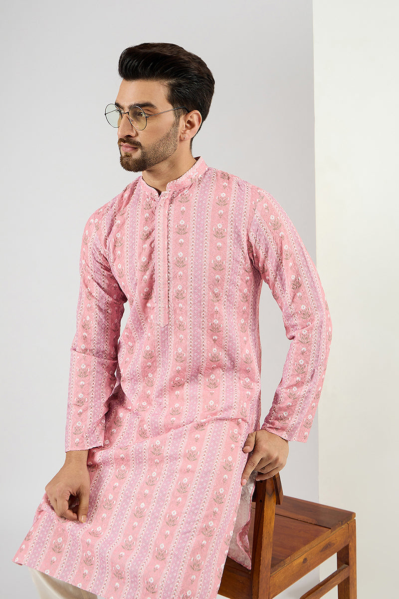 Ethnic Bay Men Peach Viscose Rayon Floral Embroidered Chikankari Straight Kurta MKU1084