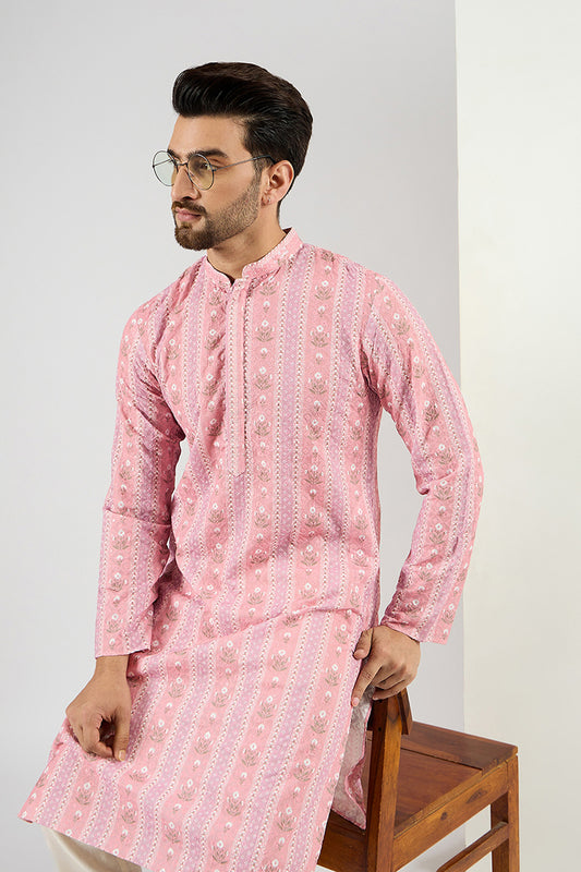 Ethnic Bay Men Peach Viscose Rayon Floral Embroidered Chikankari Straight Kurta MKU1084