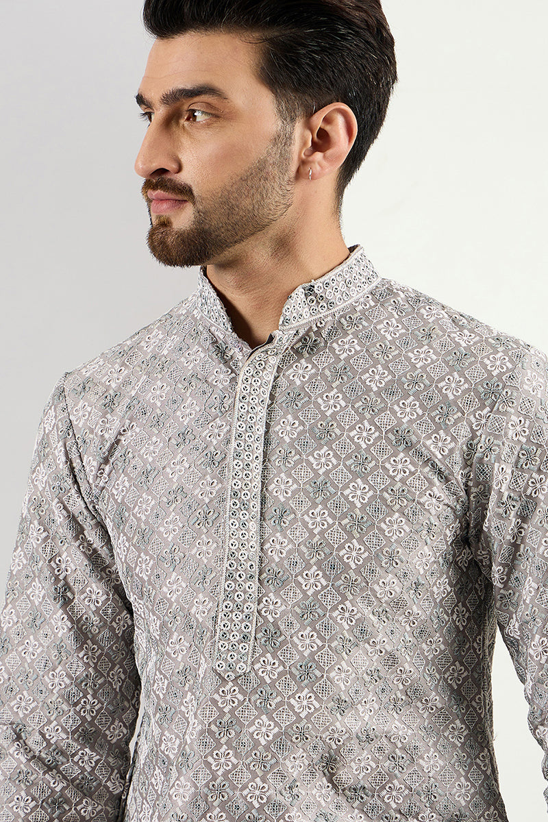 Ethnic Bay Men Grey Viscose Rayon Solid Embroidered Straight Kurta MKU1088