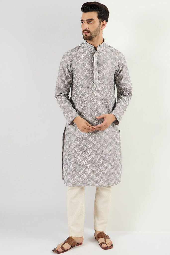 Ethnic Bay Men Grey Viscose Rayon Solid Embroidered Straight Kurta MKU1088