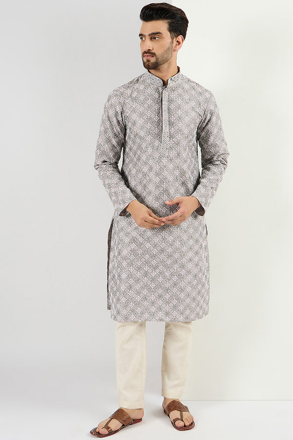 Ethnic Bay Men Grey Viscose Rayon Solid Embroidered Straight Kurta MKU1088
